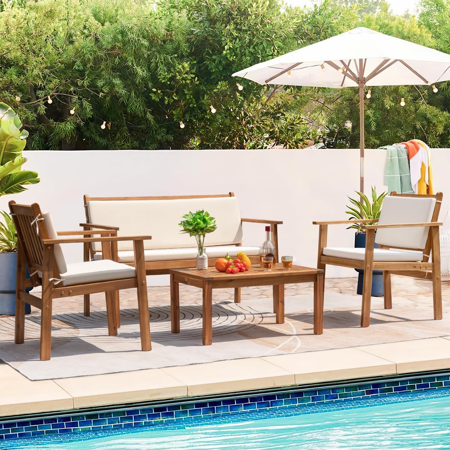 Greesum Outdoor Patio Furniture, 4 Piece Bistro Sofa Set with Coffee Table and Loveseat, Acacia Wood Conversation Sets with Cushions, for Garden, Backyard, Poolside, White