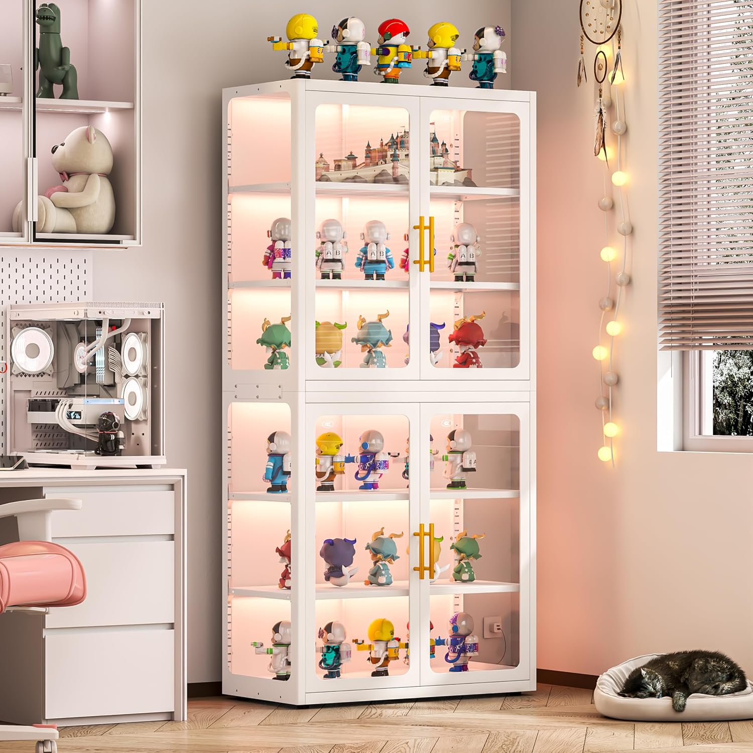 GAIOUS 67' Tall Display Cabinet with Glass Door, 6 Tier Metal Curio Cabinet with 3 Color Lights and 4 Adjustable Shelves, Glass Display Case for Collectibles, Showcase Storage Cabinets, White