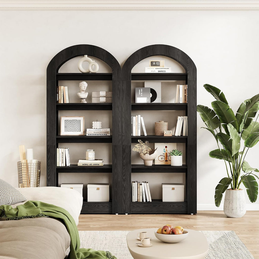 LITTLE TREE 5-Tier Bookshelf, Arch-Shaped Racks, Tall Standing Wooden Bookcase Display Shelf Modern Storage Solution (1, Black)