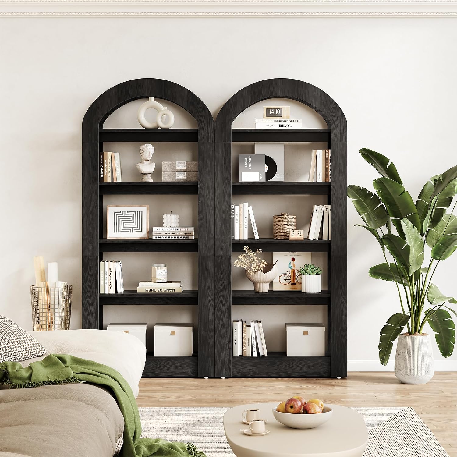 LITTLE TREE 5-Tier Bookshelf, Arch-Shaped Racks, Tall Standing Wooden Bookcase Display Shelf Modern Storage Solution (1, Black)