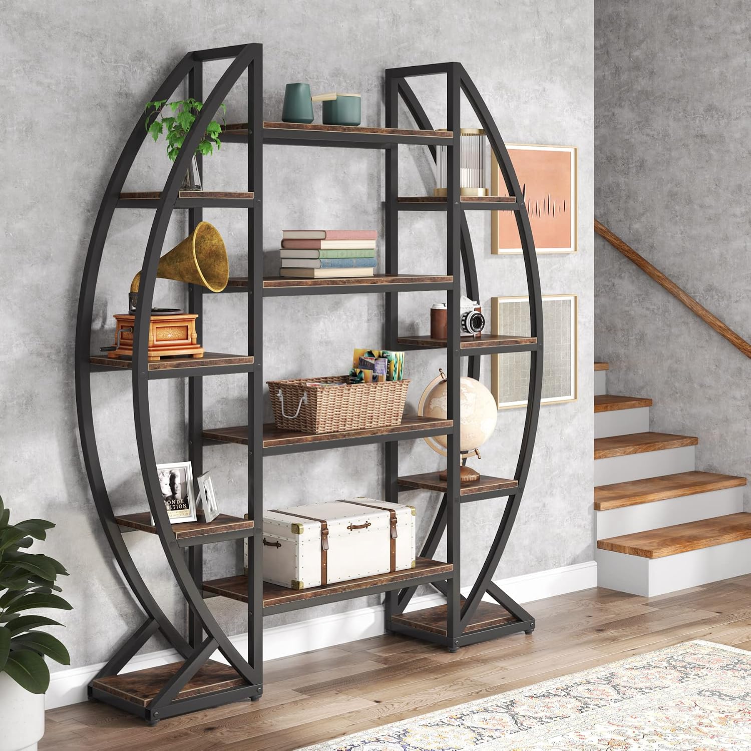 Tribesigns Oval Bookshelf, Triple Wide 5 Tier Etagere Bookcase, Industrial Display Shelves for Living Room (Brown, 55')