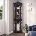 BELLEZE Lighted 3-Side Glass Display Curio Cabinet w/Tempered Glass Doors and Shelves, Curved Wood Corner Cabinet with Bulb, Corner Storage Rack for Living Room and Kitchen (Black)