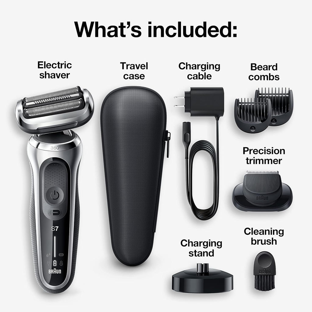 Braun Electric Razor for Men, Waterproof Foil Shaver, Series 7 7027cs, Wet & Dry Shave, with Beard Trimmer, Rechargeable, Charging Stand and Travel Case Included, Silver Black