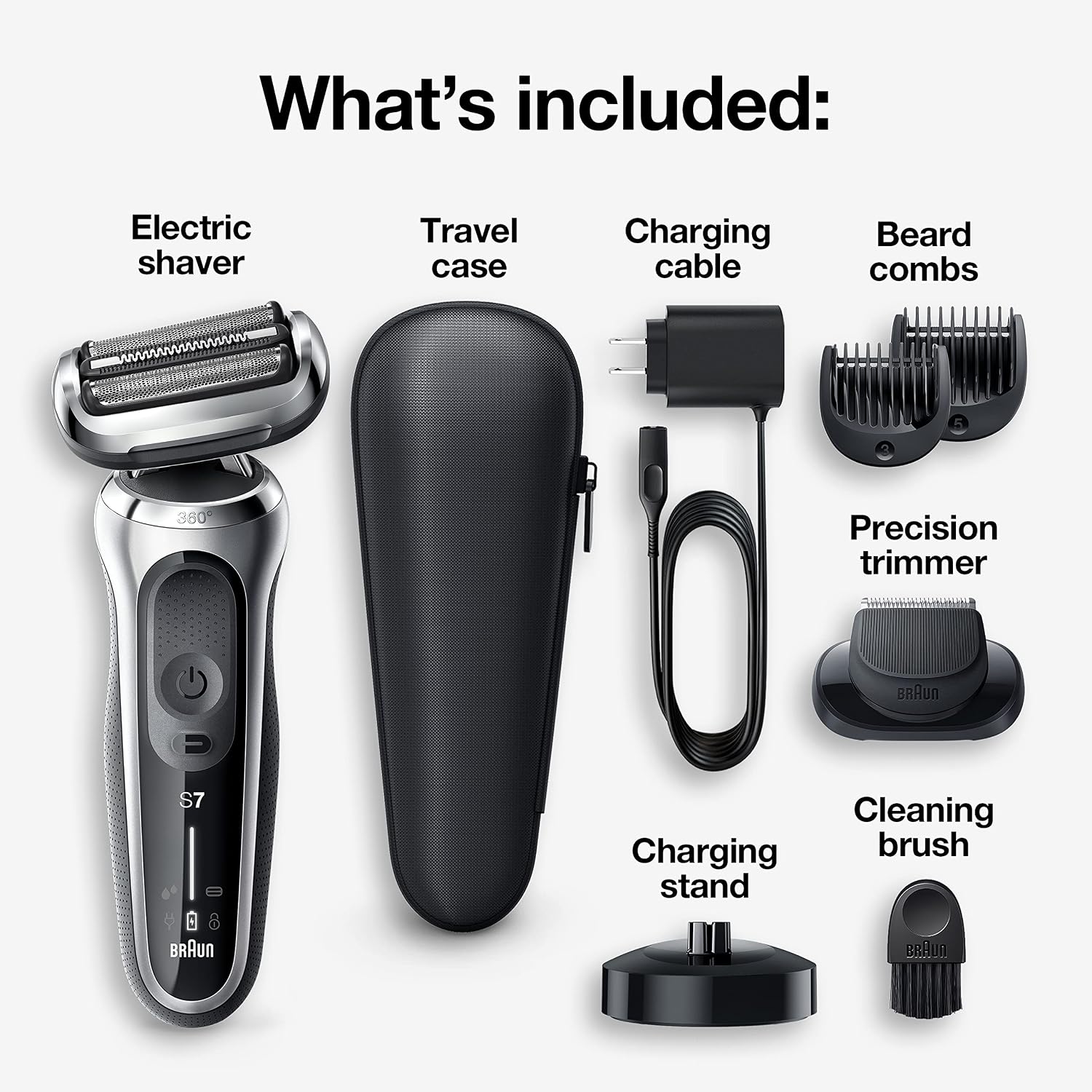 Braun Electric Razor for Men, Waterproof Foil Shaver, Series 7 7027cs, Wet & Dry Shave, with Beard Trimmer, Rechargeable, Charging Stand and Travel Case Included, Silver Black