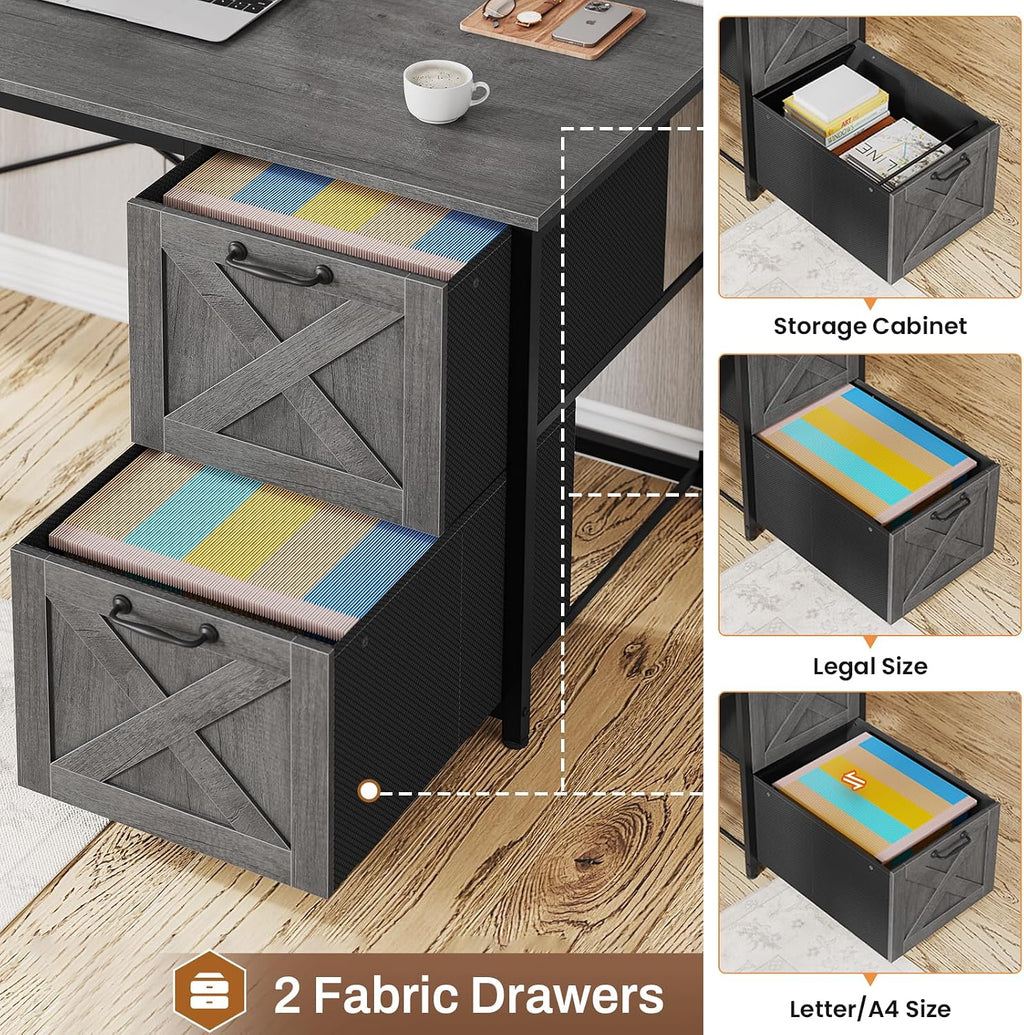 SEDETA L Shaped Gaming Desk, Reversible Computer Desk with Fabric Drawers and Power Outlet, Gaming Desk with Led Lights, Hutch and Storage Shelf for Home Office, Grey