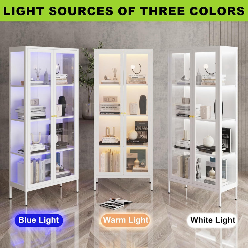 UNICOLY Display Cabinet with Glass Doors, Glass Display Cabinet with 3 Color LED Lights, Curio Display Cabinet with 3 Shelves for Living Room & Plant, Display Shelf, Assembly Required, White