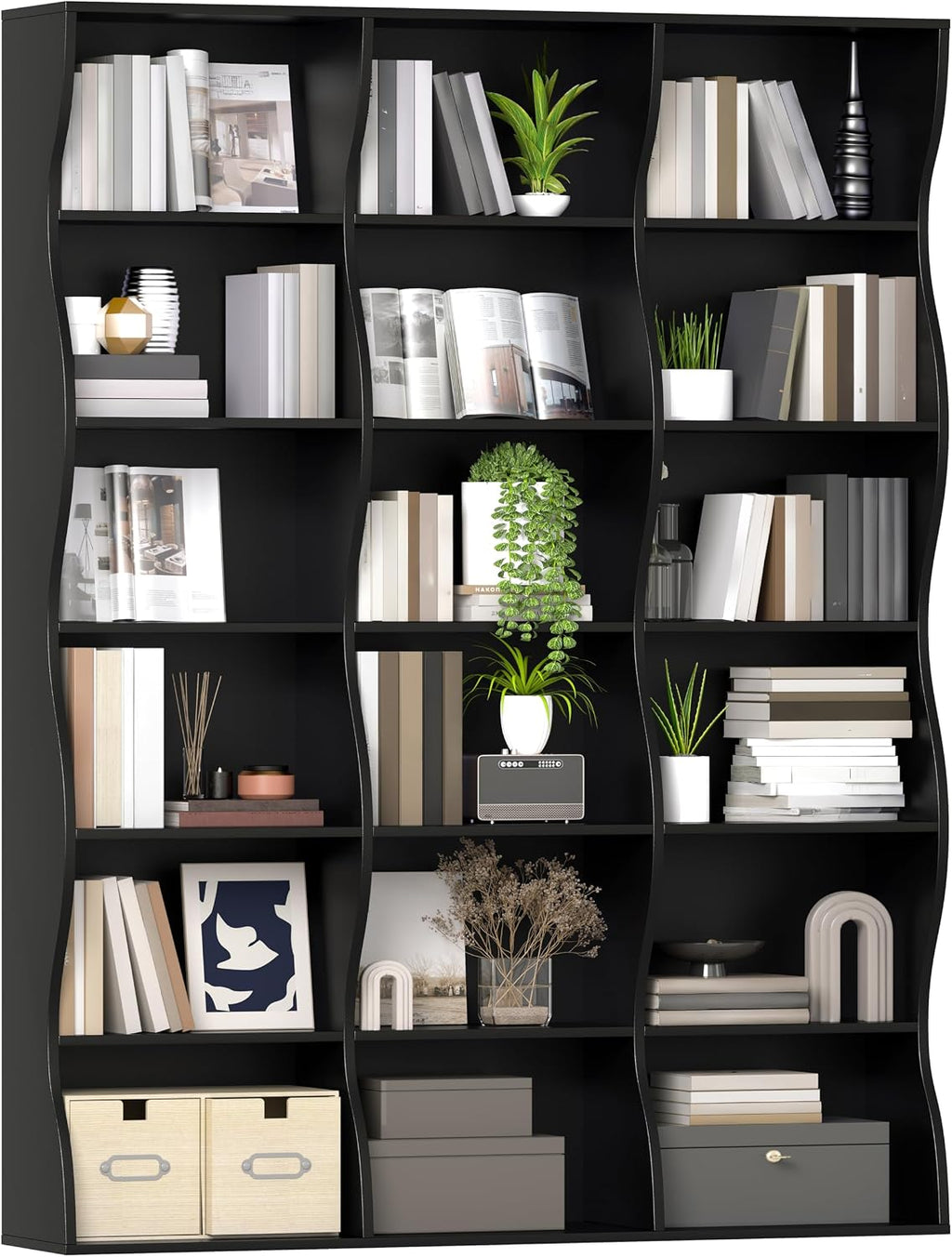 Gyfimoie 71' Triple Wide Bookshelf, 6 Tier Tall Bookcase with Storage, Large Book Shelves with 18 Open Display Shelves, Black Bookcase for Living Room, Study, Home Office, Library (Black)