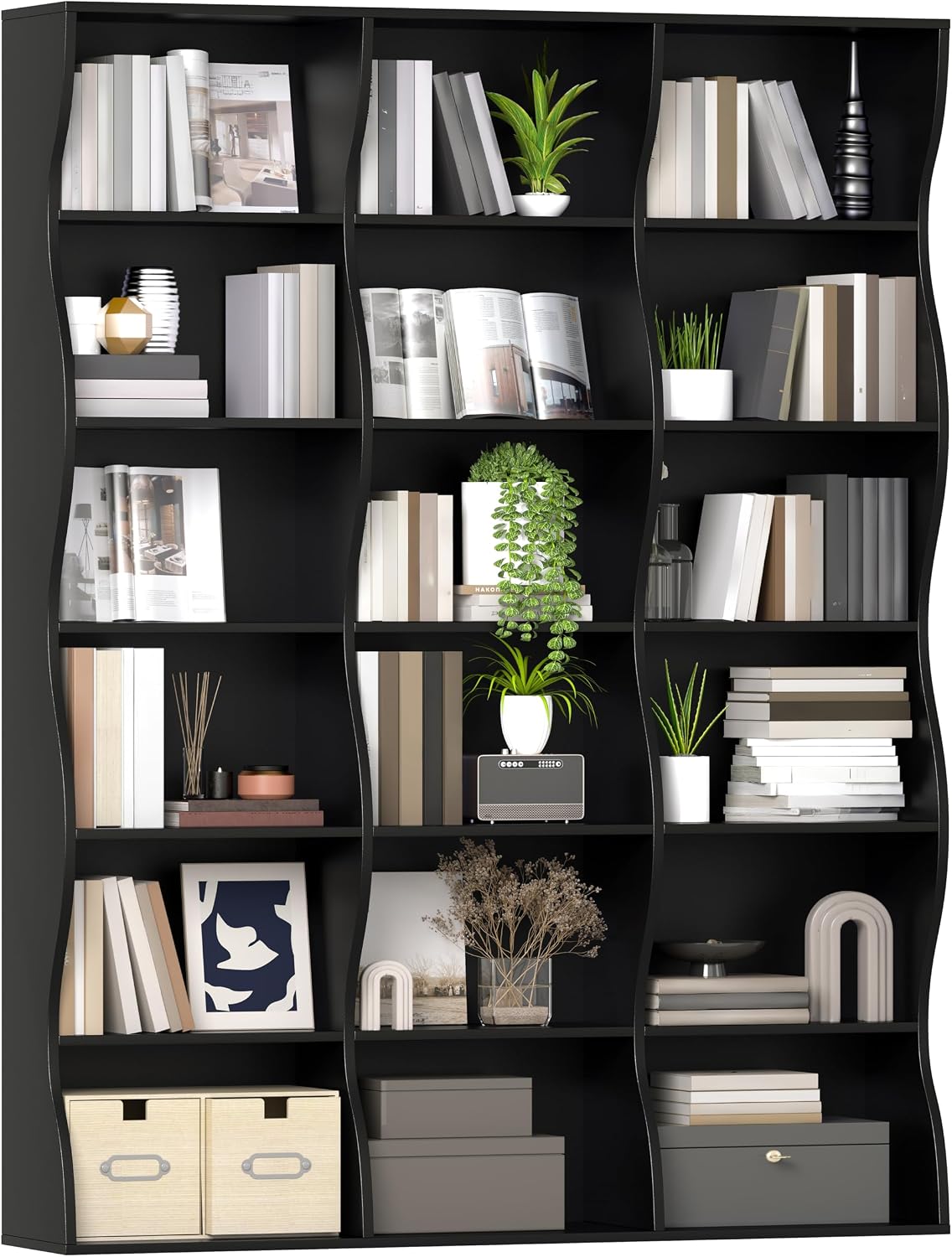 Gyfimoie 71' Triple Wide Bookshelf, 6 Tier Tall Bookcase with Storage, Large Book Shelves with 18 Open Display Shelves, Black Bookcase for Living Room, Study, Home Office, Library (Black)