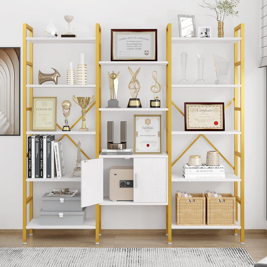 Yusong Bookshelf Triple Wide 5 Tier Bookcases with Storage Cabinet, Industrial Large Modern Tall Bookshelves with 12 Open Display Shelves for Living Room Office Bedroom, White and Gold