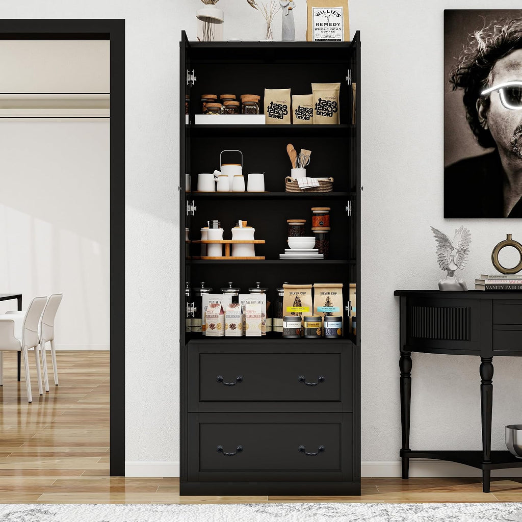 78.8' Tall Bookcase Display Storage Cabinet Hutch with Glass Doors & Drawers - Curio Display Bookshelf Kitchen Pantry for Home, Kitchen, Living Room.