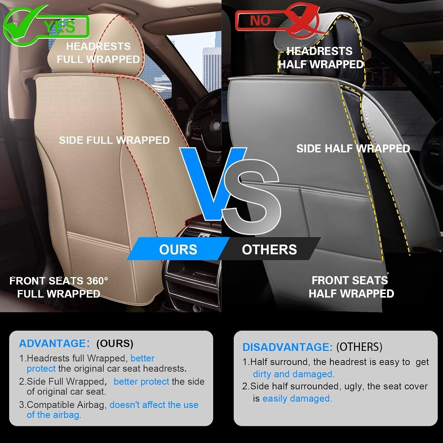 IKABEVEM Seat Covers Fit for Mazda 3 2007-2019 2PCS Front Car Seat Covers Faux Leather Seat Cushion Waterproof Auto Protectors(Beige)-2 Front Seat Covers
