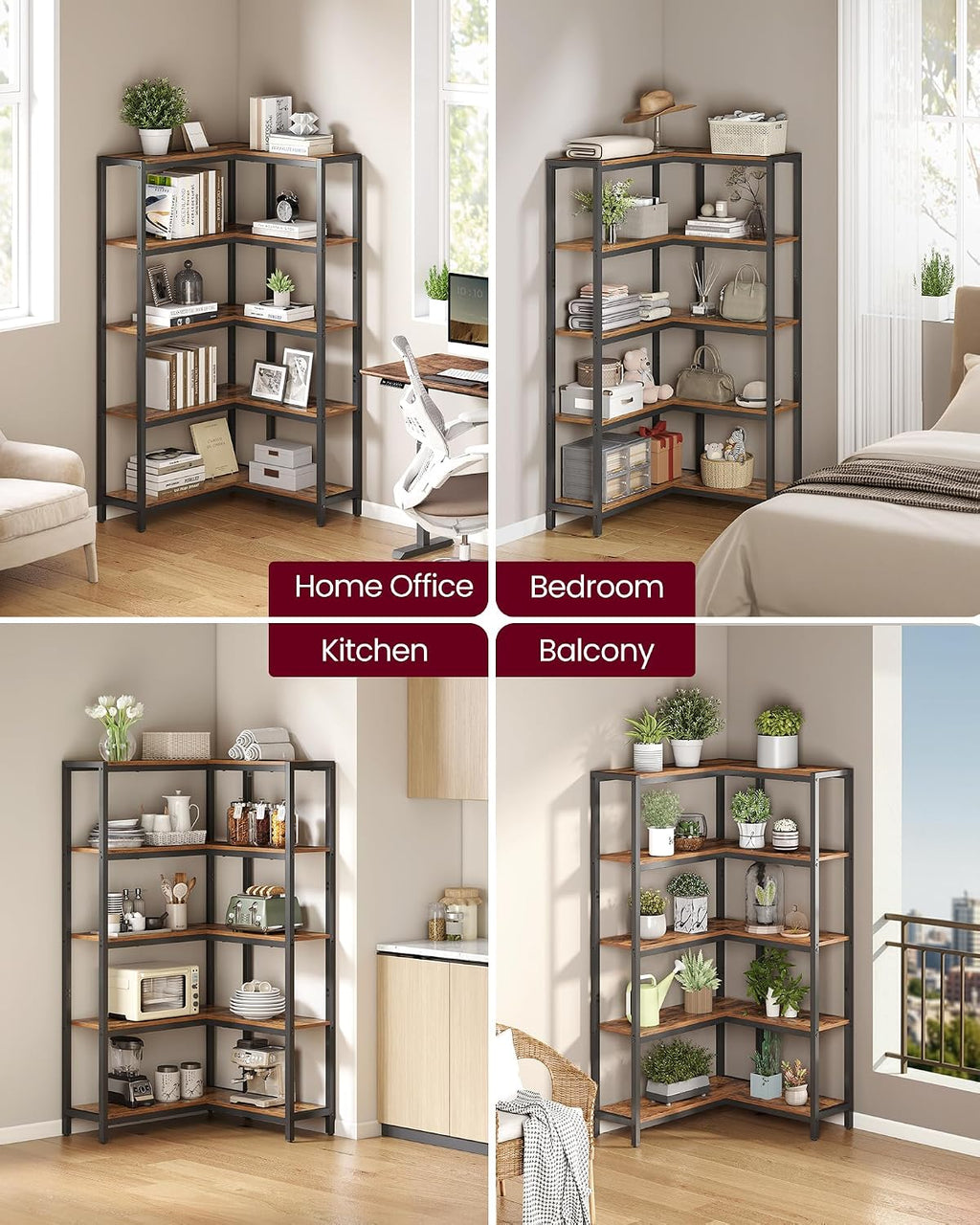 VASAGLE 5 Tier Bookshelf with Metal Frame, Convertible Industrial Corner Shelf, 9.4 x 40.2 x 55.9 Inches, for Living Room, Bedroom, Home Office, Rustic Brown and Ink Black ULLS605KD01