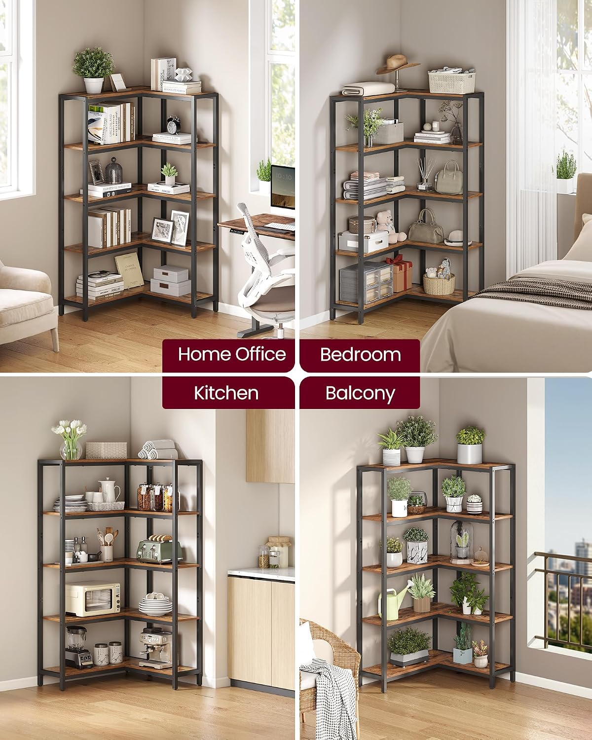 VASAGLE 5 Tier Bookshelf with Metal Frame, Convertible Industrial Corner Shelf, 9.4 x 40.2 x 55.9 Inches, for Living Room, Bedroom, Home Office, Rustic Brown and Ink Black ULLS605KD01