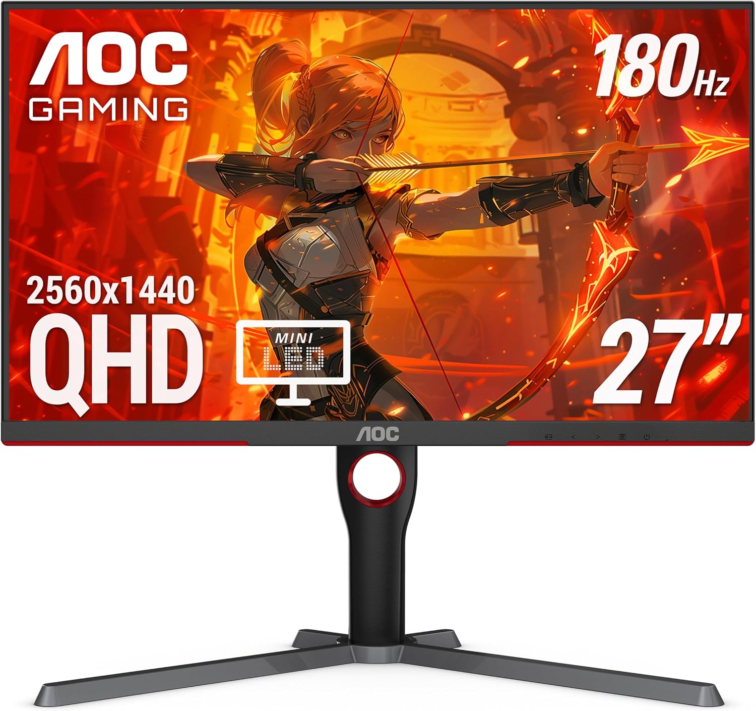 AOC Q27G3XMN 27' QHD Gaming Monitor, 2560x1440, Mini LED, 180Hz 1ms GtG, HDR 1000, sRGB137.5%, HDMI 2.0 x 1, DisplayPort 1.4 x1, Adaptive Sync, 3-Year Zero-Bright-dot