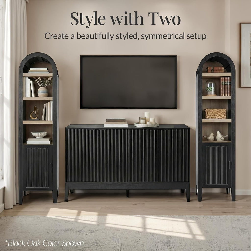 Best Choice Products 72' Tall Narrow Arched Pantry Cabinet w/Reeded Door, 4-Tier Bookshelf, Armoire, Hutch, Bookcase, Storage Cabinet w/Adjustable Shelves, for Dining Room and Livingroom - Walnut