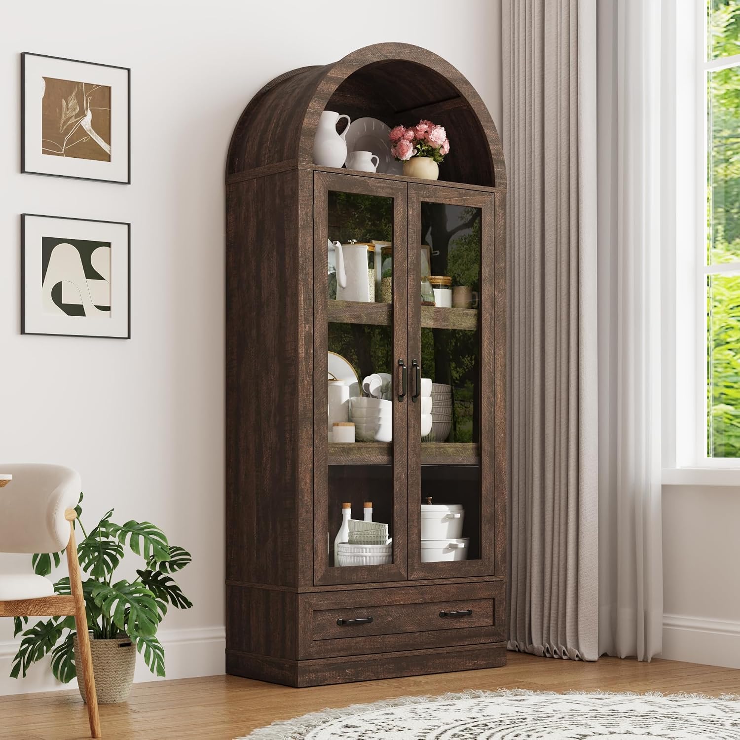 75' Tall Arched Kitchen Pantry Cabinet w Load-Bearing Steel Pipe,Modern Farmhouse Kitchens Storage Cabinet with Drawer and Glass Doors,Tall Arched Bookcase,Pantry Organizer(Rustic Brown)