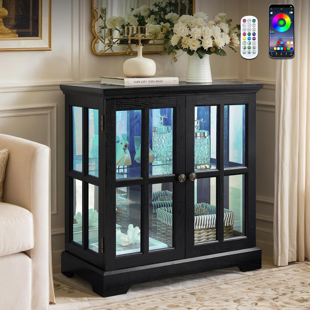 32' H LED Accent Curio Cabinet with 7 Color Lights for Collectibles, Modern Storage Cabinet with Tempered Glass Doors, Sideboard Buffet Case with Smartphone-Controlled Lights (Black)