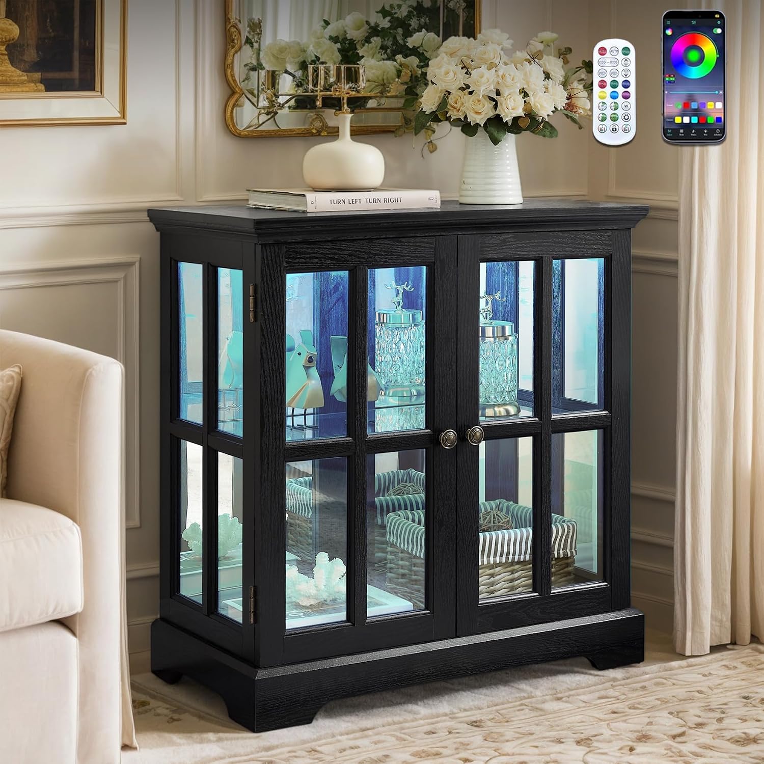 32' H LED Accent Curio Cabinet with 7 Color Lights for Collectibles, Modern Storage Cabinet with Tempered Glass Doors, Sideboard Buffet Case with Smartphone-Controlled Lights (Black)