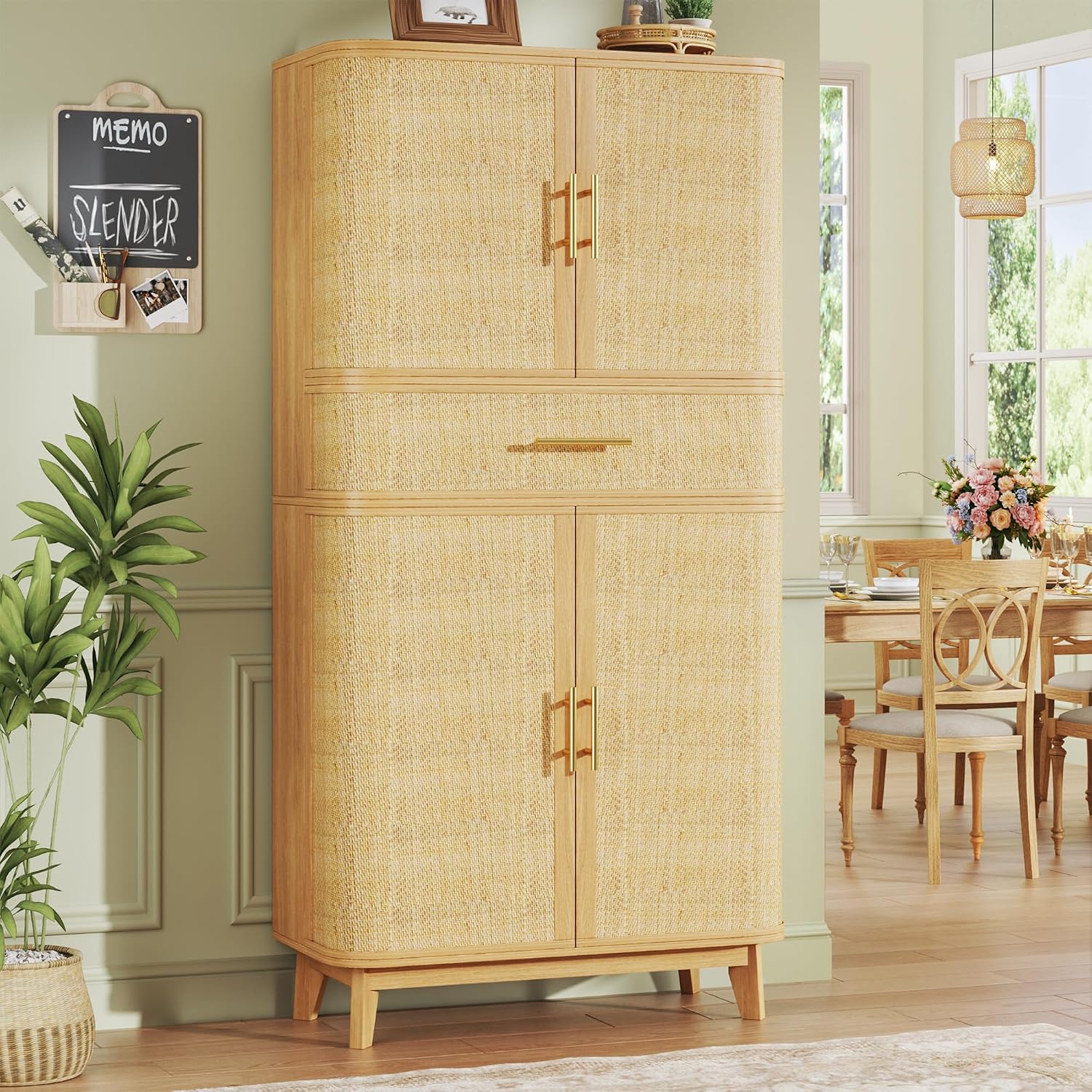 HUAHUU 71' Tall Pantry Cabinet, Kitchen Pantry Storage Cabinets with 4 Rattan Doors & Large Drawer, Modern Curved Storage Cabinet with 10 Storage Compartments for Dining Room, Living Room, Natural
