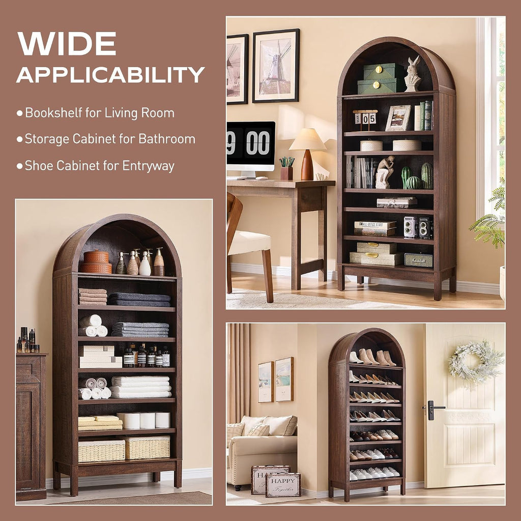 IFGET 71' Tall Arched Bookshelf, 7 Tiers Arch Bookcase with Storage, Modern Farmhouse Book Shelf with Adjustable Shelves, Wood Bookshelf w/Open Display Shelves for Living Room, Office (Brown)