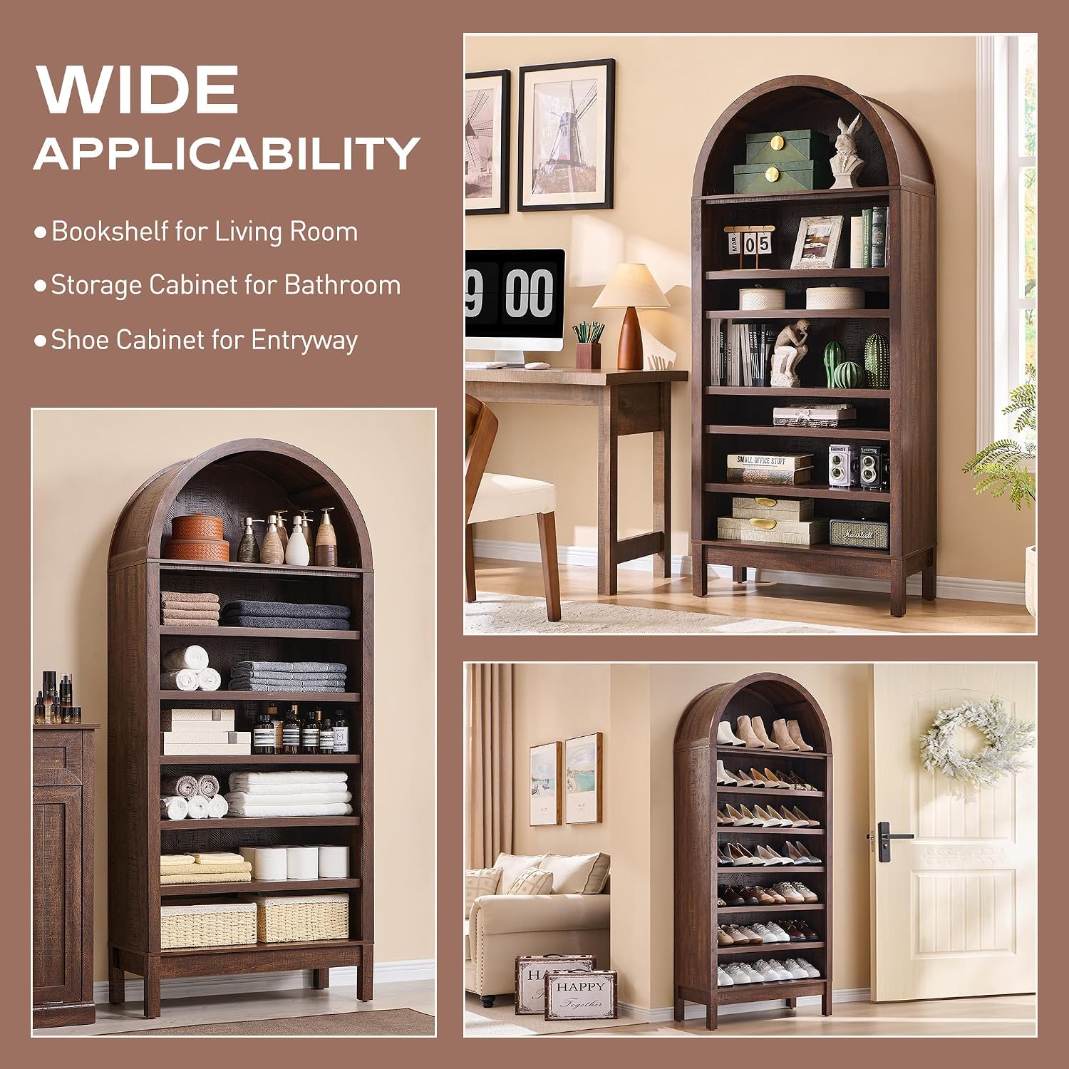 IFGET 71' Tall Arched Bookshelf, 7 Tiers Arch Bookcase with Storage, Modern Farmhouse Book Shelf with Adjustable Shelves, Wood Bookshelf w/Open Display Shelves for Living Room, Office (Brown)