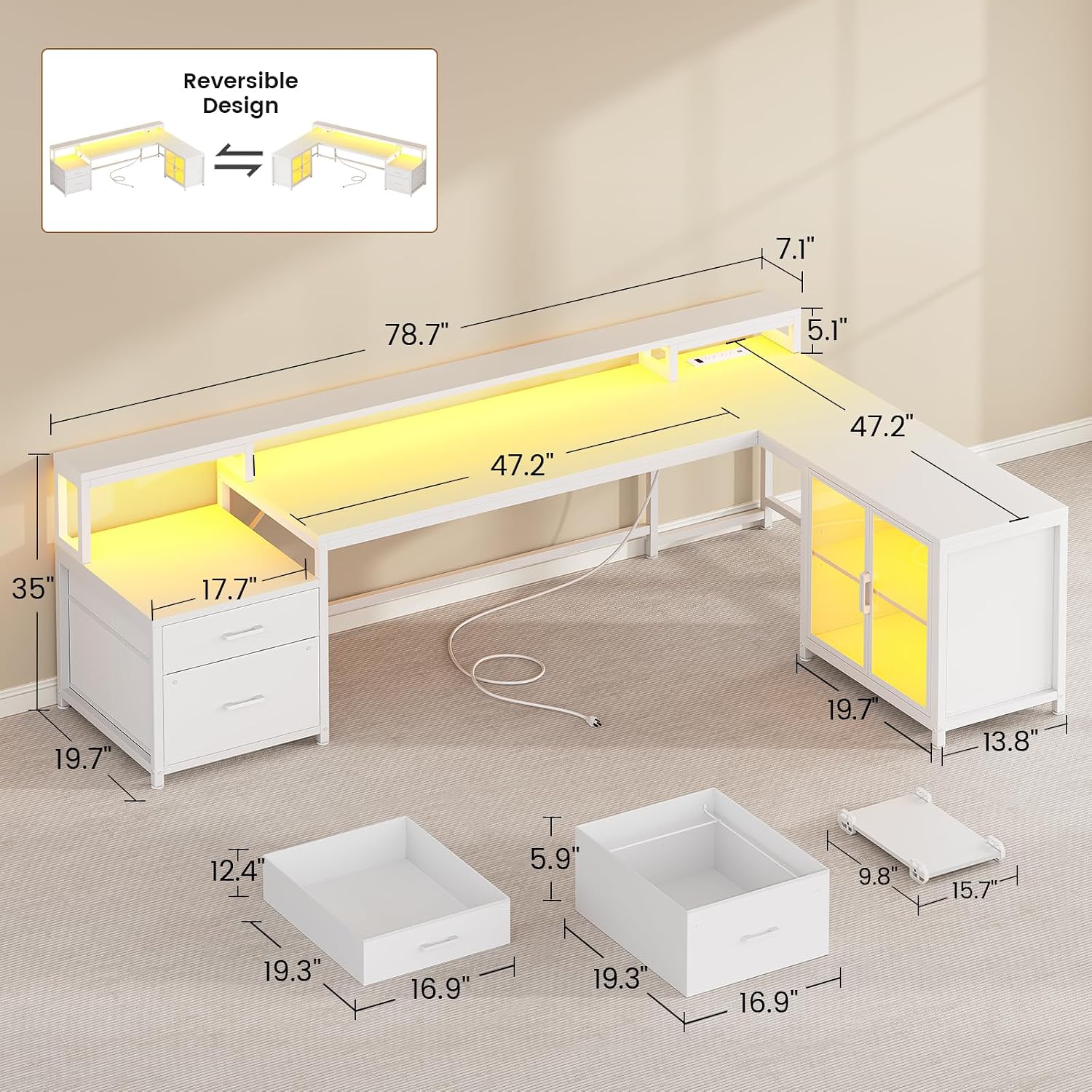 SEDETA 78.7' Large Gaming Computer Desk with Storage Drawers, Reversible L Shaped Office Desk with Display Cabinet and Power Outlet, Corner Gaming Desk with LED Lights for Home Office, White