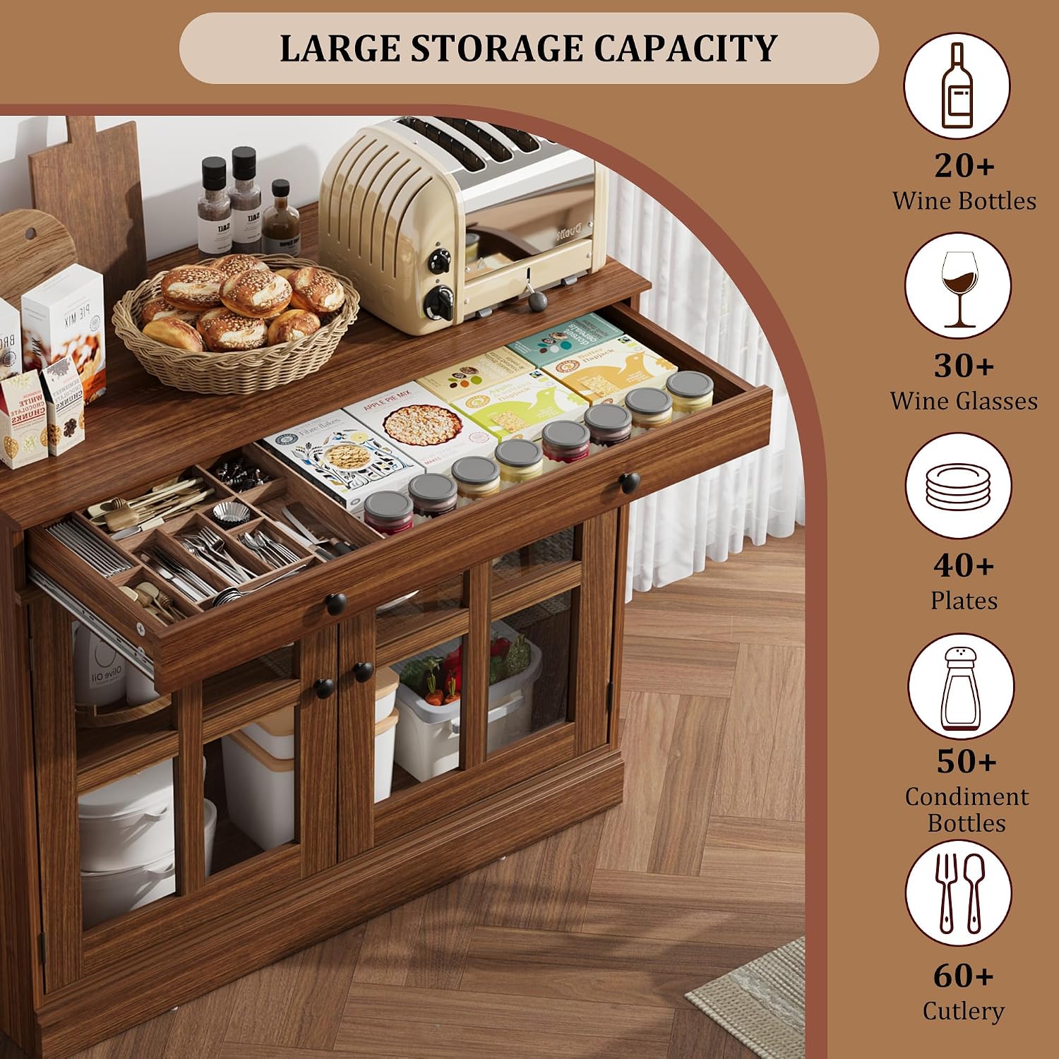 GarveeHome 35.4 in Sideboard Buffet Cabinets with Glass Door, Buffet Cabinet with Storage, Walnut Sideboard Cabinet with Drawer, Modern Buffets & Sideboards for Dining Room, Kitchen
