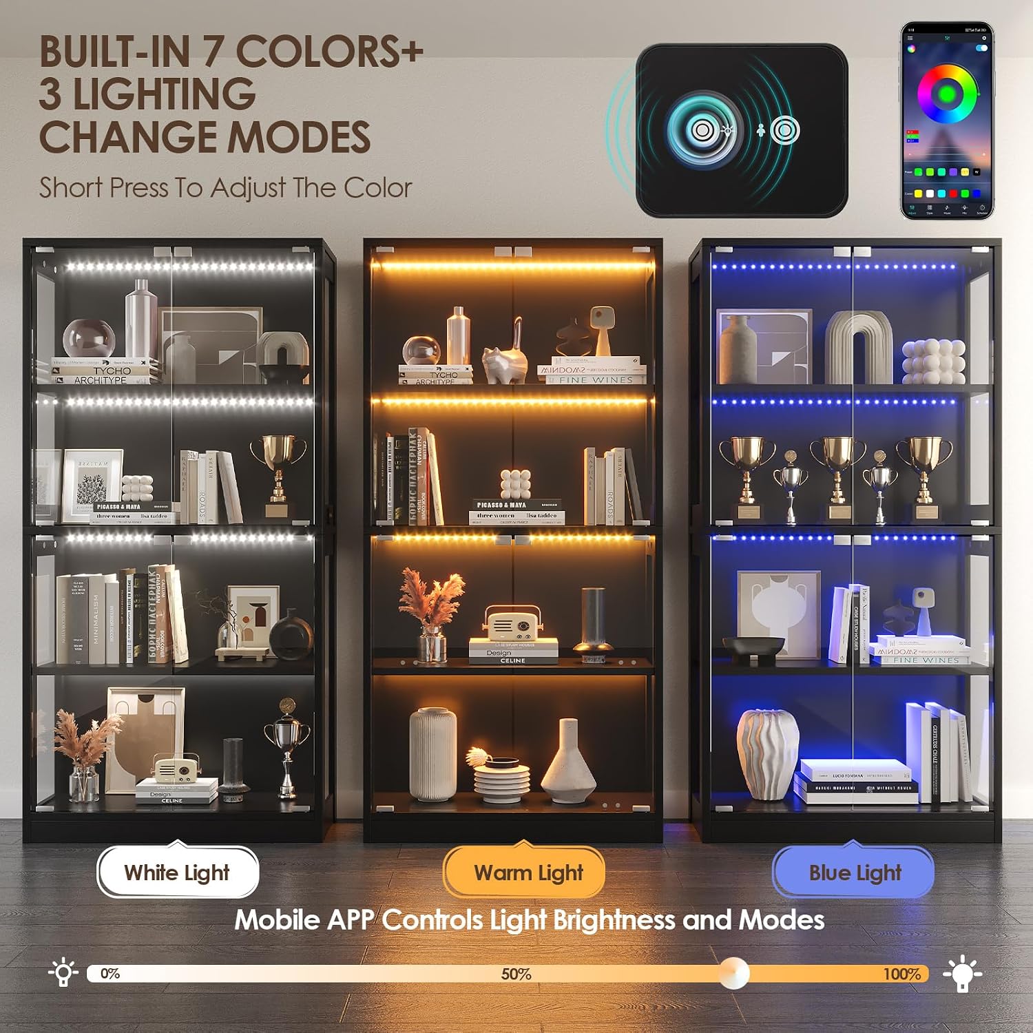 Airynee Display Cabinet with Glass Doors 4-Tier, 7 Vibrant Colors 3 Dynamic Lighting Modes, HD Glass Storage Cabinet with Human Body Sensor for Curio, Trophy, Collectibles (Black)