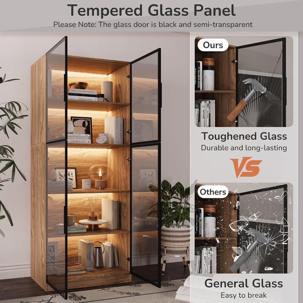 Mekminop Glass Display Cabinet with Lights and Shelves, Modern Display Case Cabinet with Glass Doors and L-Shaped Handle, Freestanding Bookcase for Living Room, Home Office, Walnut