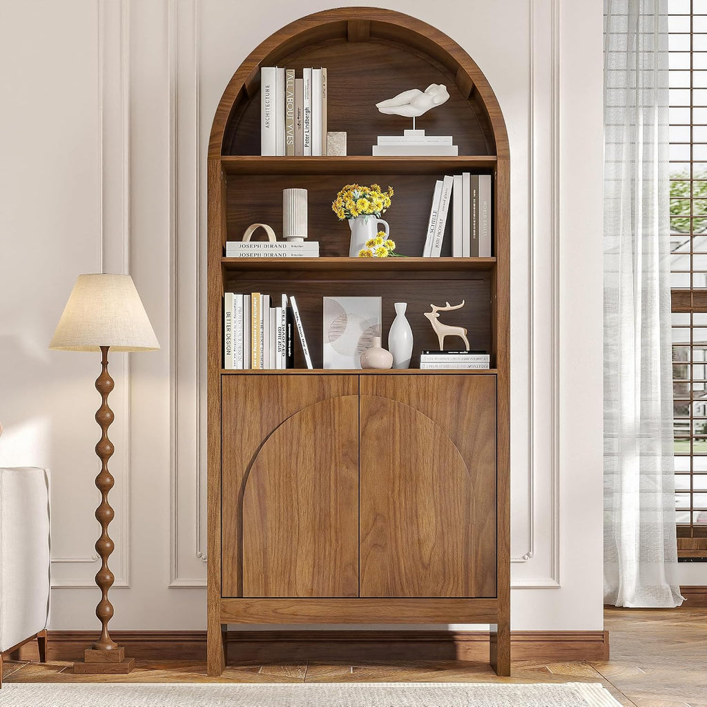 Mid Century Arched Display Cabinet with Doors, 5 Tier Tall Display Case, 71 Inch Storage Cabinet, Large Arch Bookcase, Wooden 5 Shelf Book Shelf, Office, Brown, Walnut