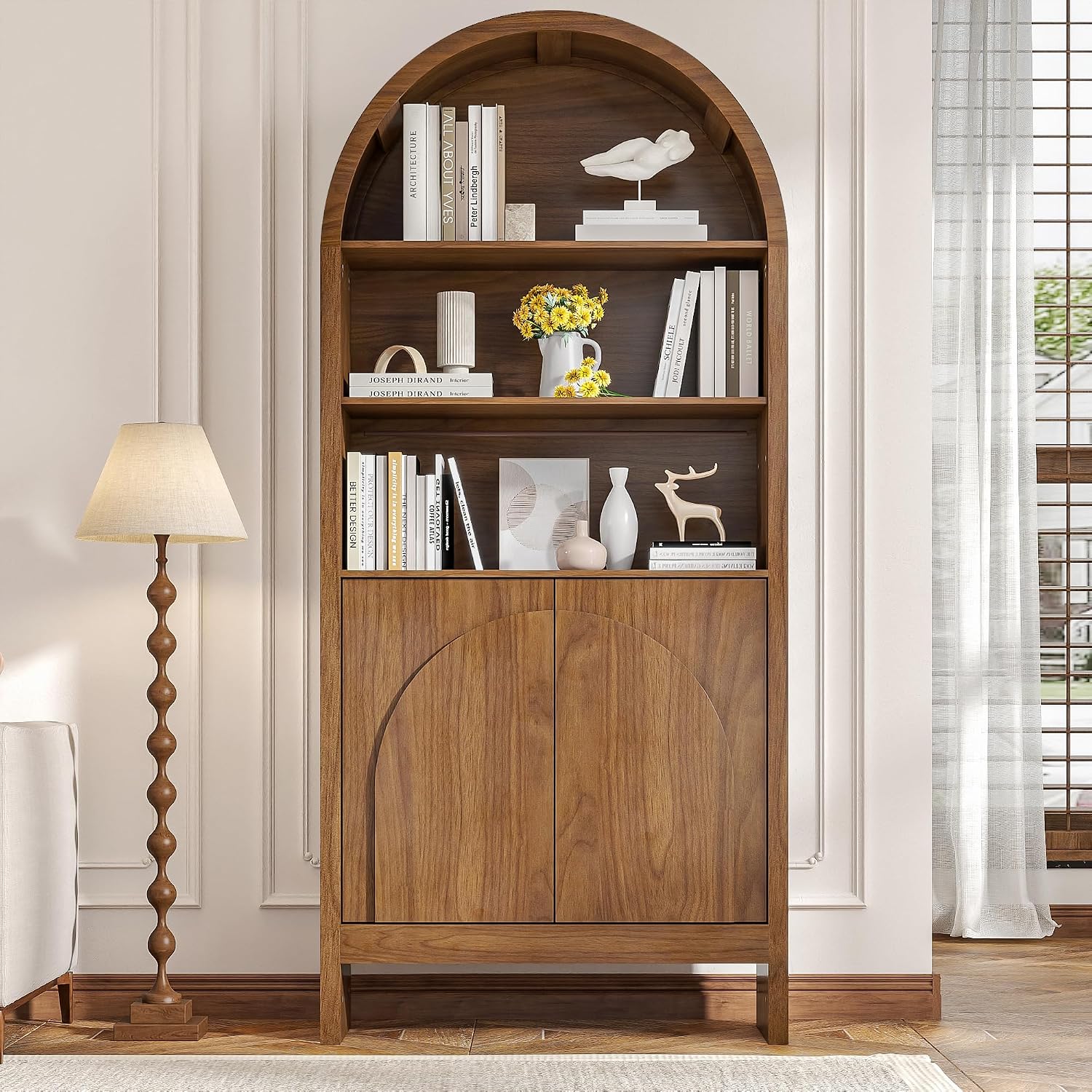 Mid Century Arched Display Cabinet with Doors, 5 Tier Tall Display Case, 71 Inch Storage Cabinet, Large Arch Bookcase, Wooden 5 Shelf Book Shelf, Office, Brown, Walnut