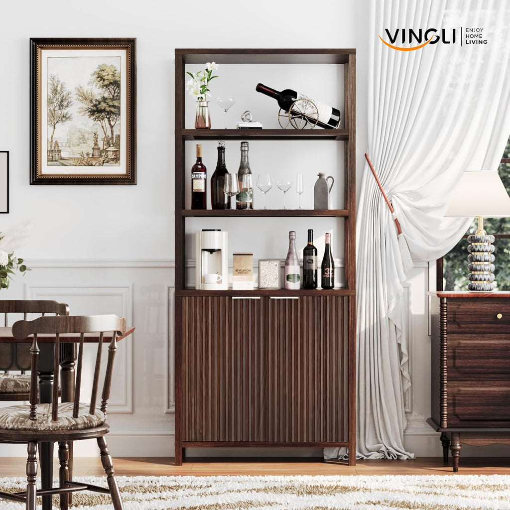 VINGLI Bookcase with Fluted Doors, 71' Wood Storage Cabinet with Adjustable Shelves, 6-Tier Display Cabinet Bookshelf for Study, Living Room, Home Office, Kitchen Pantry, Walnut