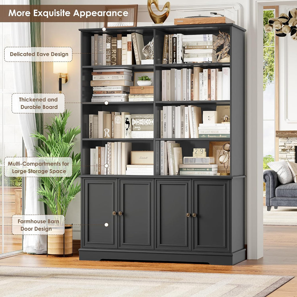 FINETONES 73' Black Bookshelf with Doors, 6 Tier Tall Bookshelf Double Wide Bookcases and Bookshelves with Storage, Large Display Cabinets for Home Office,Living Room, Library