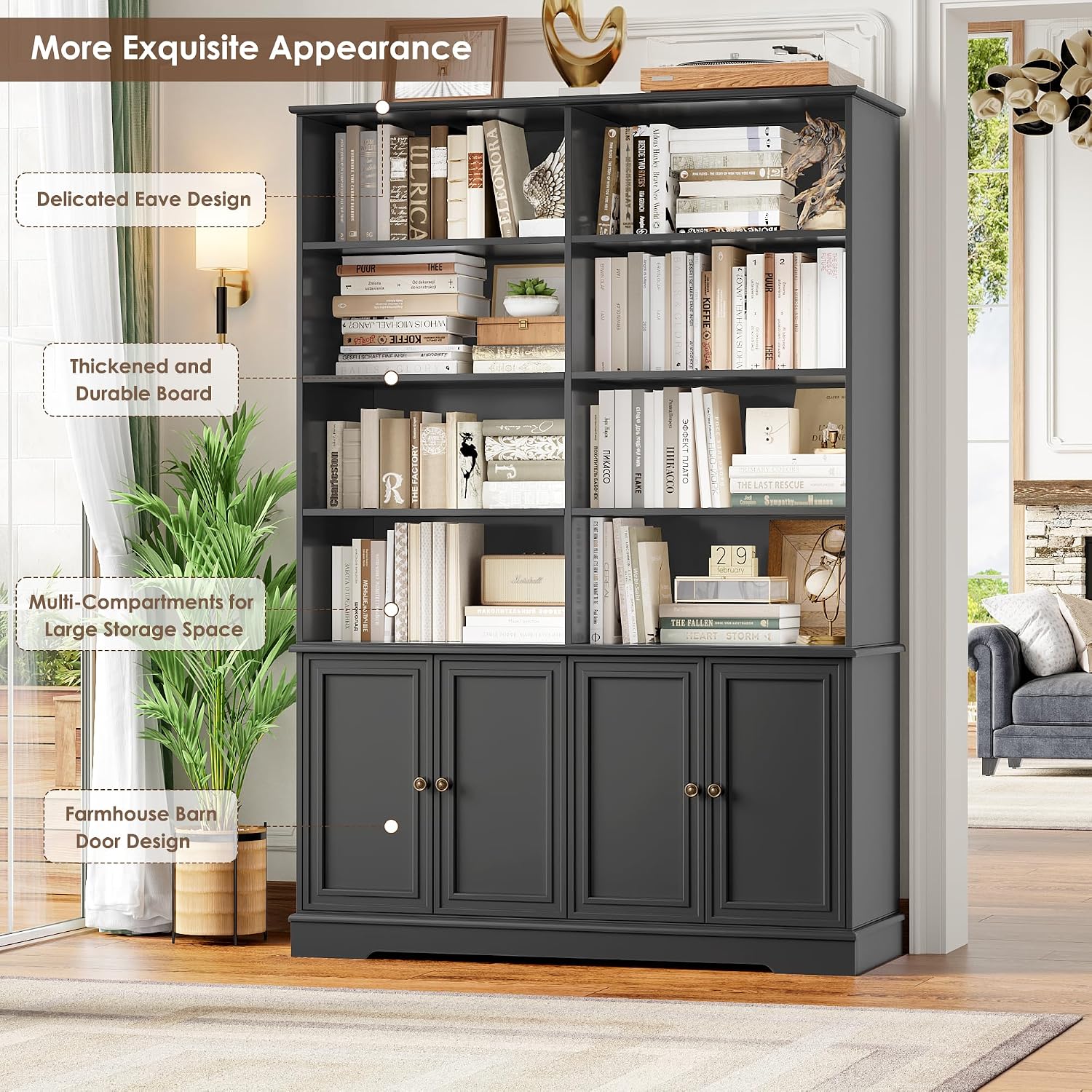 FINETONES 73' Black Bookshelf with Doors, 6 Tier Tall Bookshelf Double Wide Bookcases and Bookshelves with Storage, Large Display Cabinets for Home Office,Living Room, Library