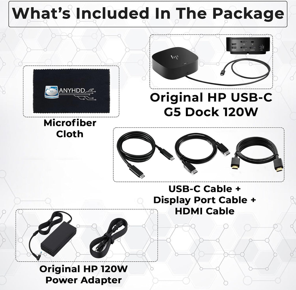 HP Docking Station for Laptop Dual Monitor and Charging Bundle - HP Dock 5TW10AA / 5TW10UT / 5TW10AA#ABB with 120W Adapter, HDMI, DisplayPort, USB-C Cables + Microfiber Cloth (Renewed)