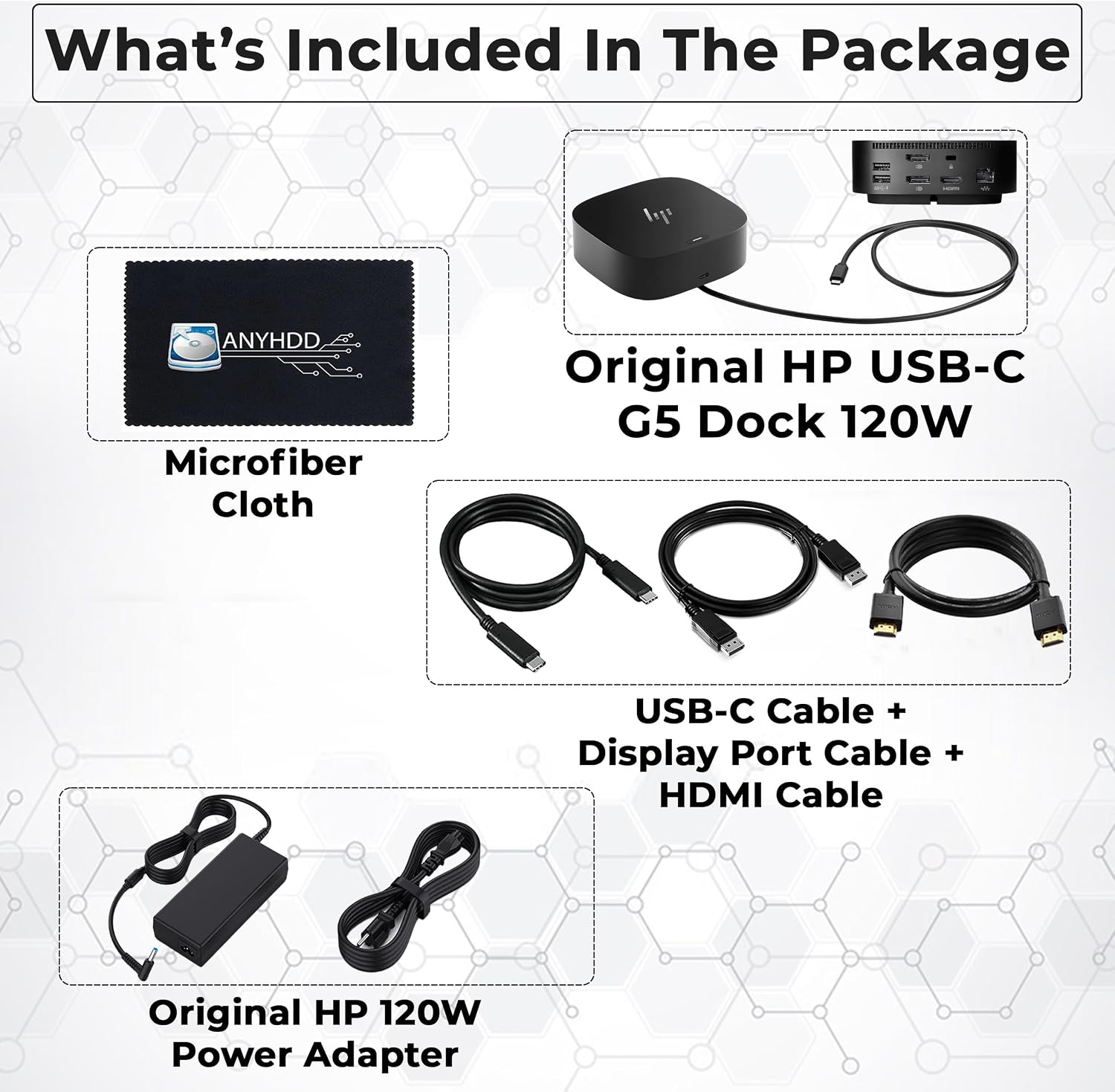 HP Docking Station for Laptop Dual Monitor and Charging Bundle - HP Dock 5TW10AA / 5TW10UT / 5TW10AA#ABB with 120W Adapter, HDMI, DisplayPort, USB-C Cables + Microfiber Cloth (Renewed)