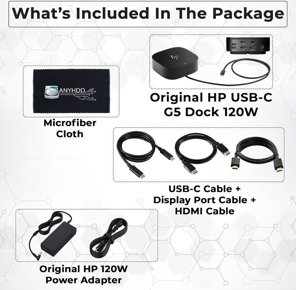 HP Docking Station for Laptop Dual Monitor and Charging Bundle - HP USB-C G5 Dock 5TW10AA / 5TW10UT / 5TW10AA#ABB with 120W Adapter, HDMI, DisplayPort, USB-C Cables & Microfiber Cleaning Cloth