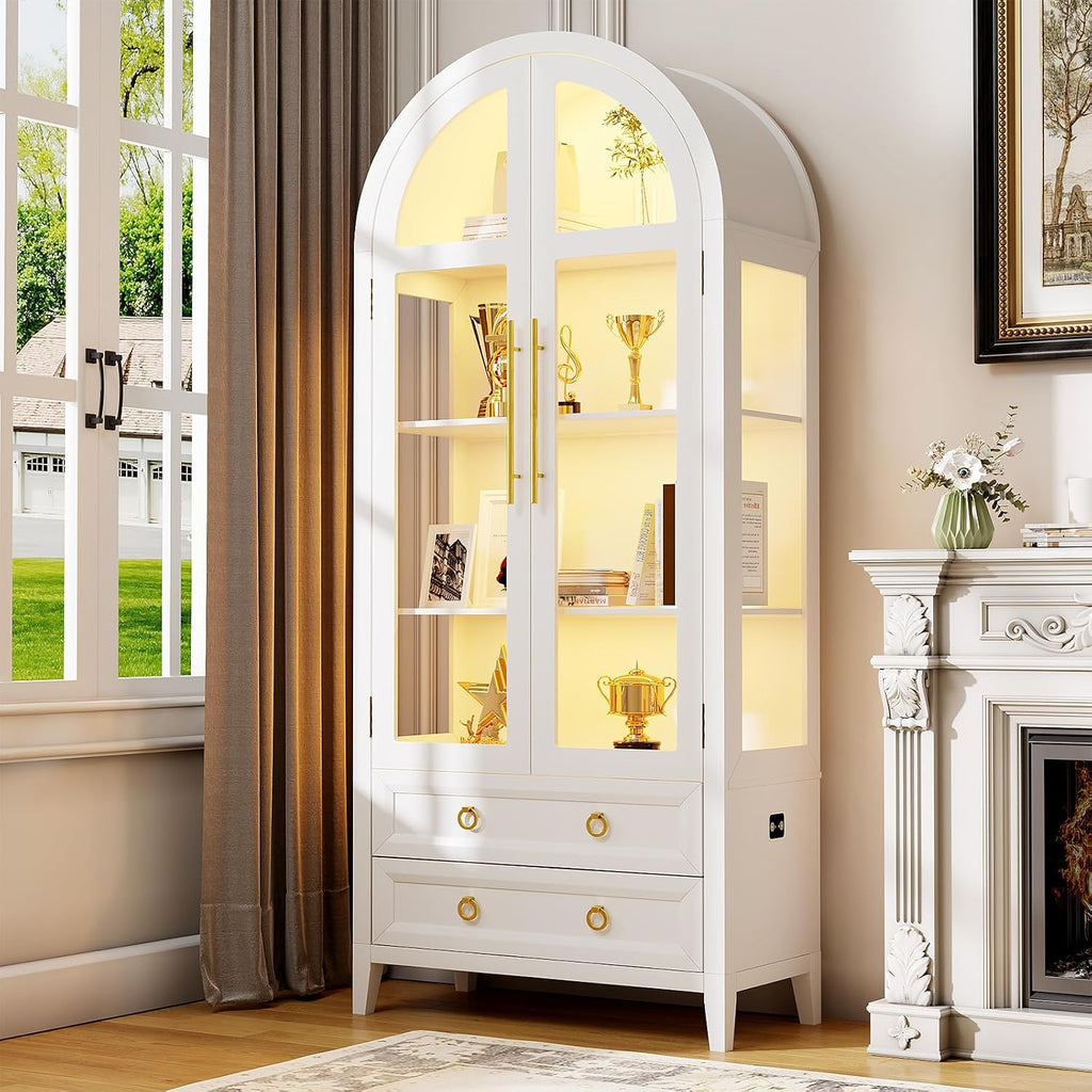 LVSOMT 71' Tall Arched Storage Cabinet with Glass Doors and Drawers, Curio Display Cabinet with Adjustable LED Light & Human Sensor, 4-Tier China Cabinet for Living Room(White)