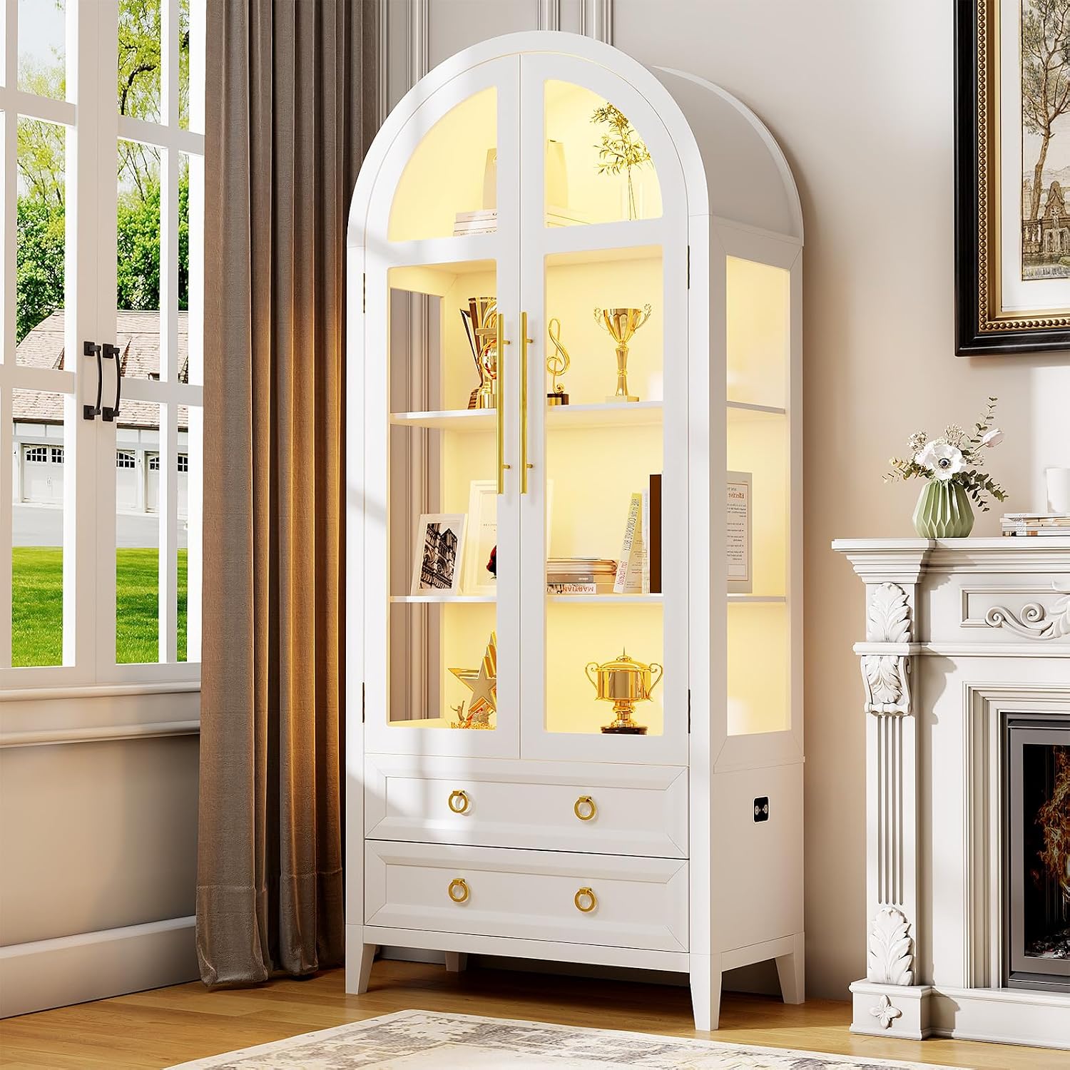 LVSOMT 71' Tall Arched Storage Cabinet with Glass Doors and Drawers, Curio Display Cabinet with Adjustable LED Light & Human Sensor, 4-Tier China Cabinet for Living Room(White)