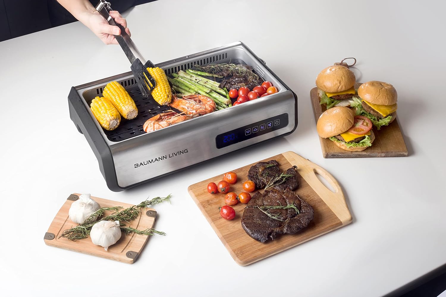 Indoor Smokeless Grill 1500W with Smart LED Touch Screen, Tempered Glass Lid, 2 Removable Ceramic Nonstick Grill & Griddle Plate, in a Modern Stainless Steel Design.