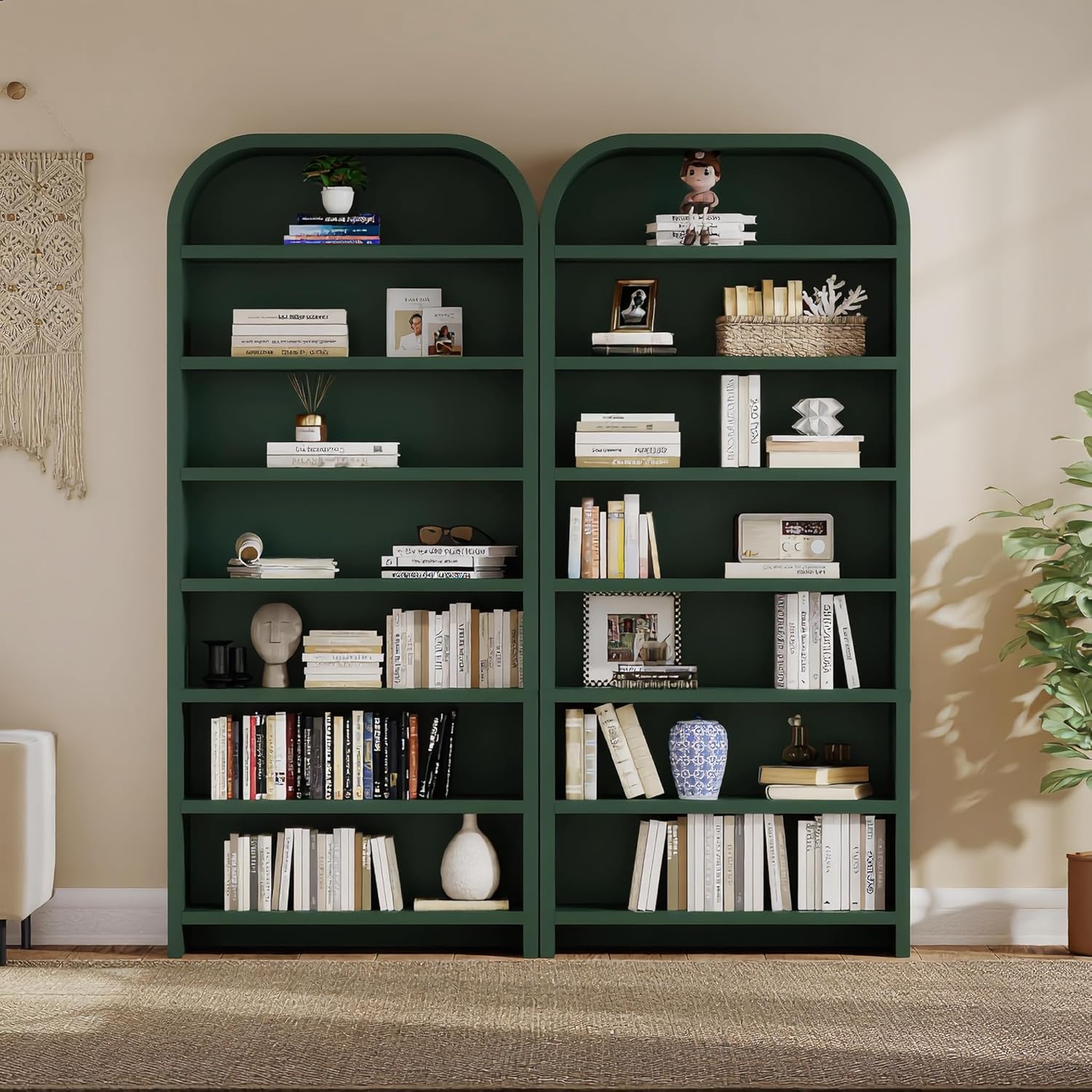 LEVNARY 70' Tall Arched Bookcase, 7-Tier Freestanding Storage Cabinet with Adjustable Shelves, Thick MDF Bookshelf for Bathroom Living Room Bedroom (Green)