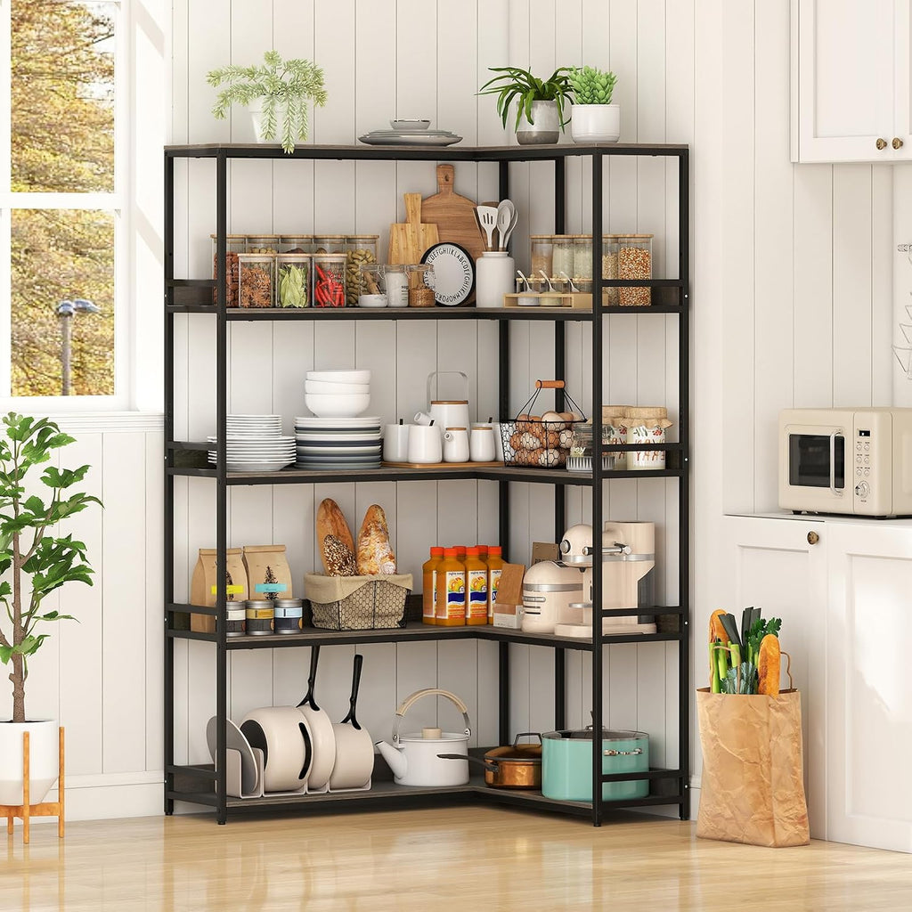 Giantex 5-Tier Corner Bookshelf, 71' L-Shaped Bookcase, Tall Etagere Bookshelf with Metal Frame, Industrial Open Display Shelf, Vertical Storage Rack for Living Room, Study, Office (Oak)