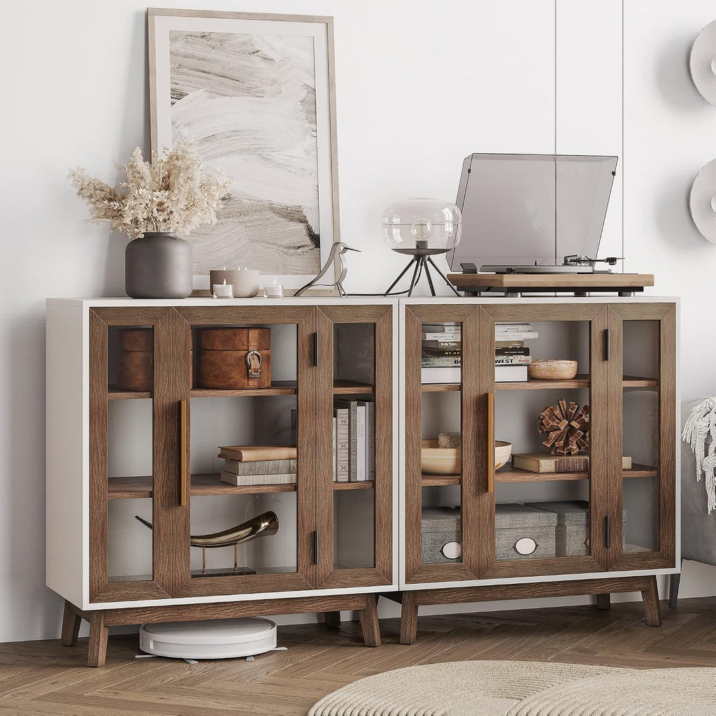 BELLEZE Set of 2 Sideboard 31 Inch Buffet Cabinet with 3-Tiers Shelves and Glass Display Door, Console Table Storage/Pantry Cabinet Coffee Bar for Living Room Entryway, Brown