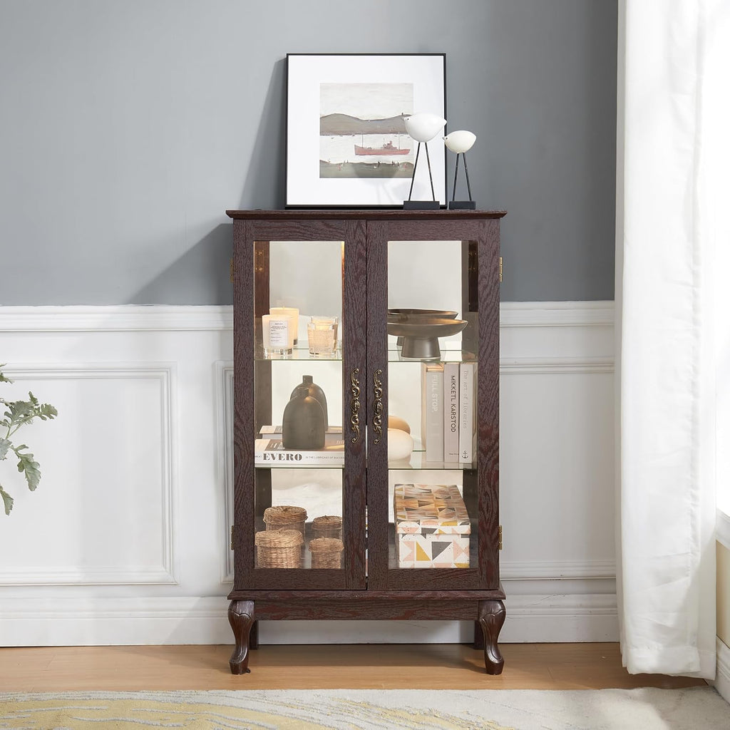 43' H Lighted Curio Cabinet Display Case, Glass Curio Cabinet with Adjustable Shelves and Tempered Glass Door, Wooden Cabinets w/Mirrored Back Pane for Living Room (Dark Cherry)