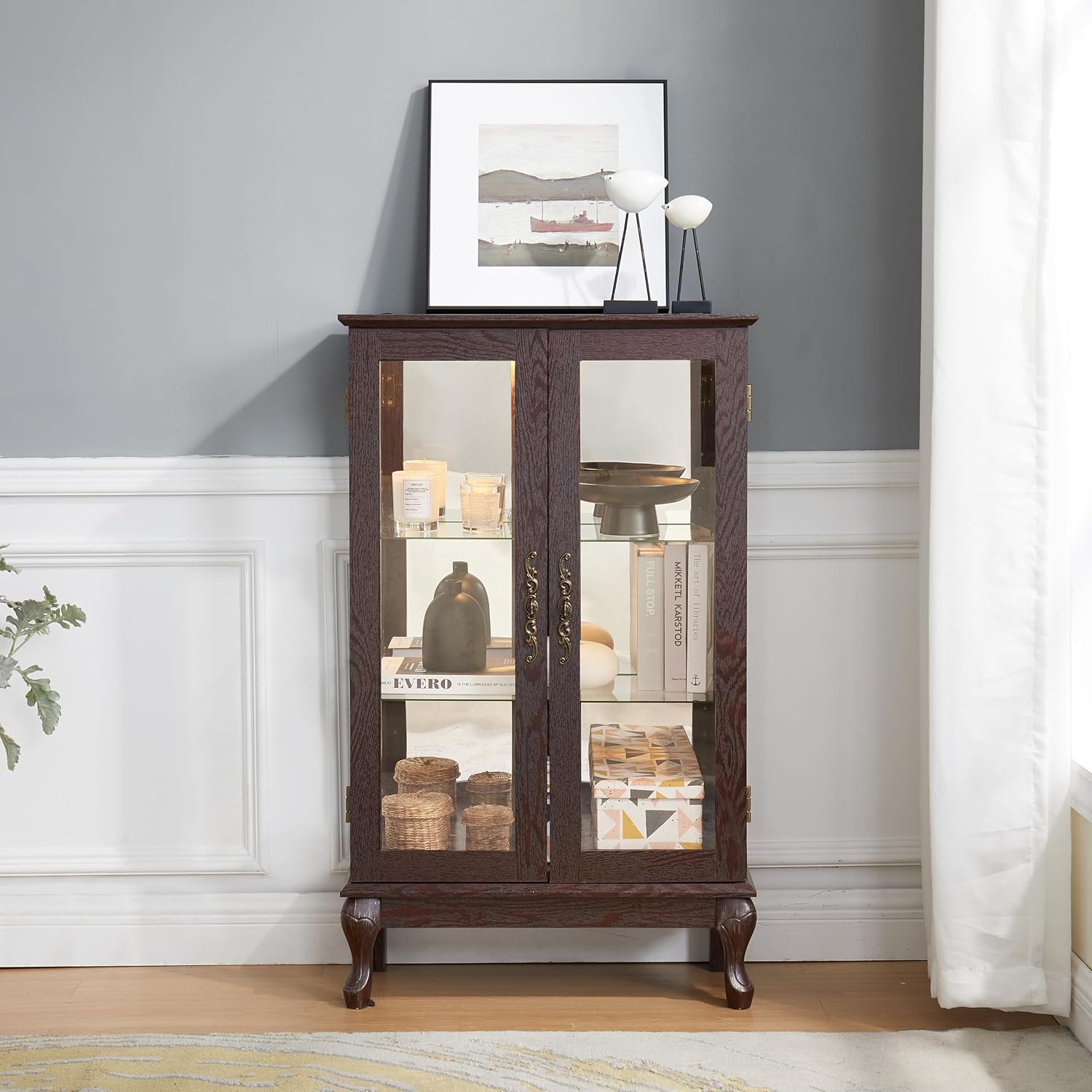 43' H Lighted Curio Cabinet Display Case, Glass Curio Cabinet with Adjustable Shelves and Tempered Glass Door, Wooden Cabinets w/Mirrored Back Pane for Living Room (Dark Cherry)