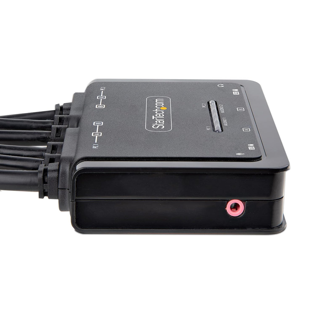 StarTech.com 2-Port Dual-Monitor DisplayPort Cable KVM Switch, 4K 60Hz, Compact KVM with 5ft/1.5m USB-A/DisplayPort/Audio Integrated Cables, Bus Powered, Remote/Hotkey Switching (C2-DD46-UA2-CBL-KVM)