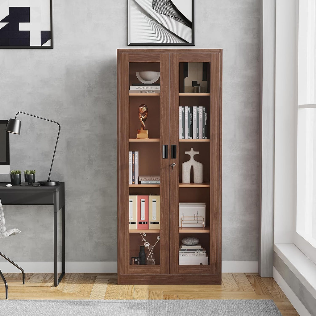 Display Cabinet with Glass Doors, Display Case Cabinet for Collectibles, Curio Display Cabinet with 4 Adjustable Shelves, 71' Glass Display Cabinet for Home Living Room (Wood Color)