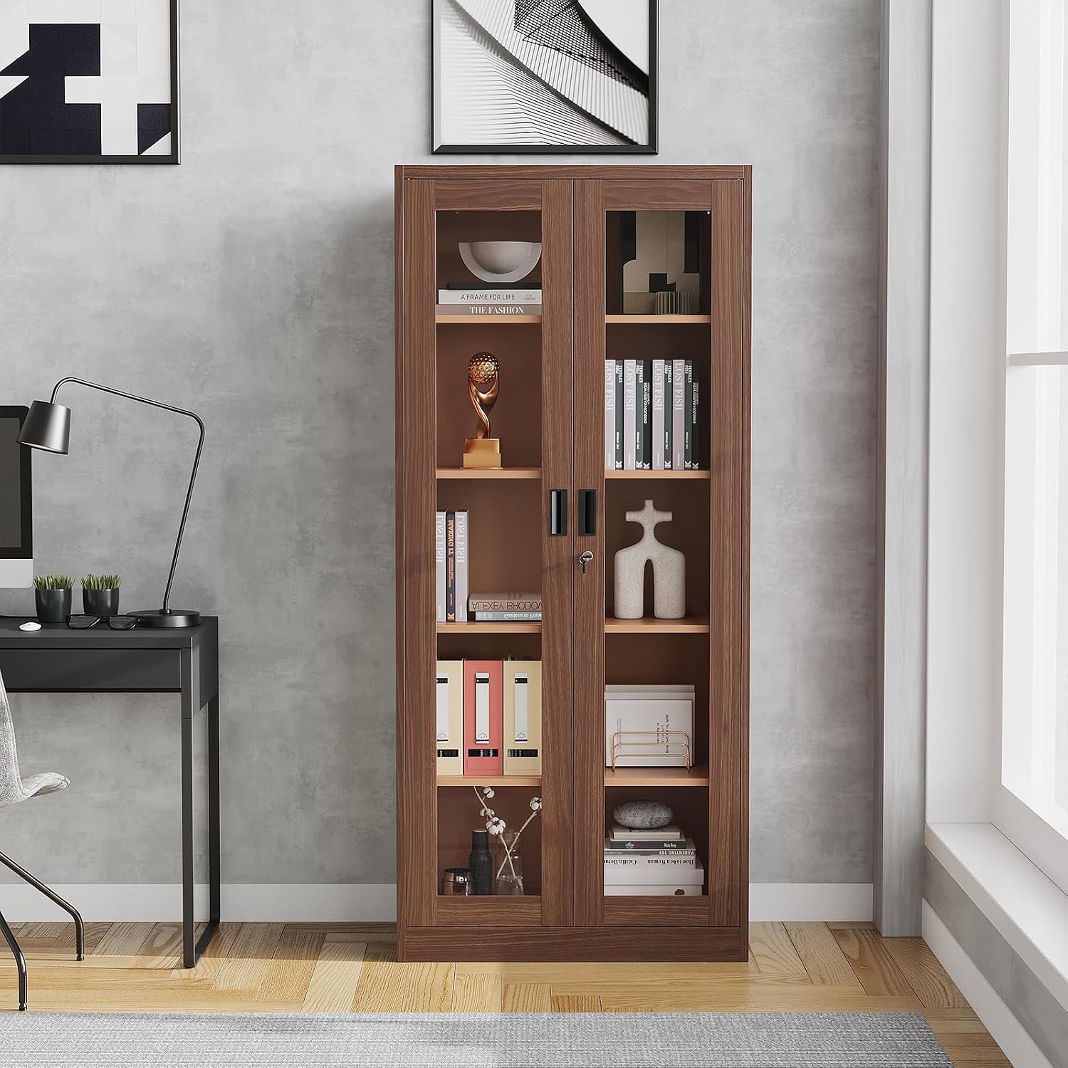 Display Cabinet with Glass Doors, Display Case Cabinet for Collectibles, Curio Display Cabinet with 4 Adjustable Shelves, 71' Glass Display Cabinet for Home Living Room (Wood Color)