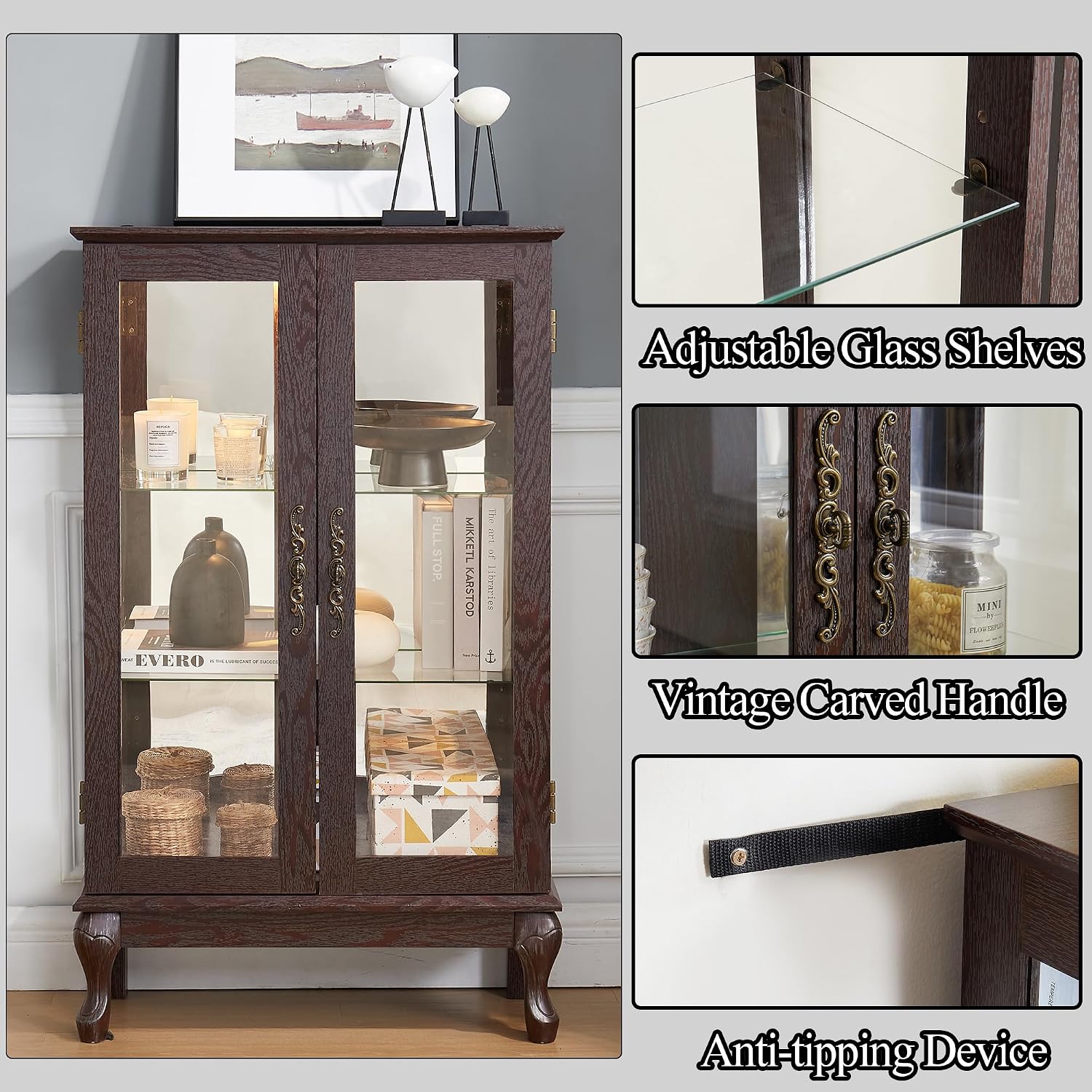43'H Lighted Display Curio Cabinet, 3-Tier Glass Accent Storage Cabinet Curio Showcase w/ 2 Doors & Adjustable Shelves, Wine Artwork Storage Rack w/ Mirrored Back Panel for Living Room (Dark Cherry)