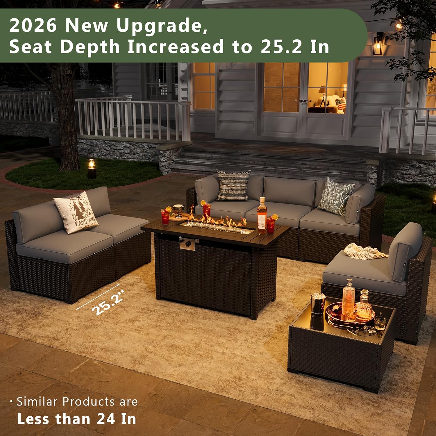 Aoxun 8 Piece Patio Furniture Set with 44' Fire Pit Table Wicker Rattan Sectional Sofa Outdoor Seating with Thickened Cushion, Grey